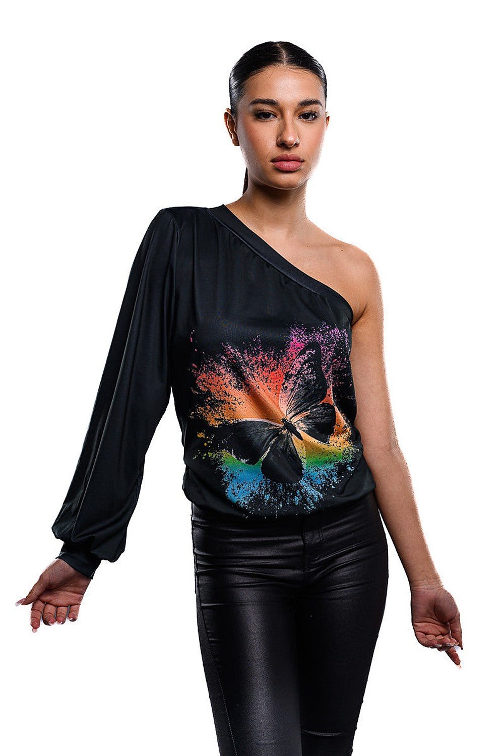 One Sleeve Blouse - Rainbow Butterfly - 2