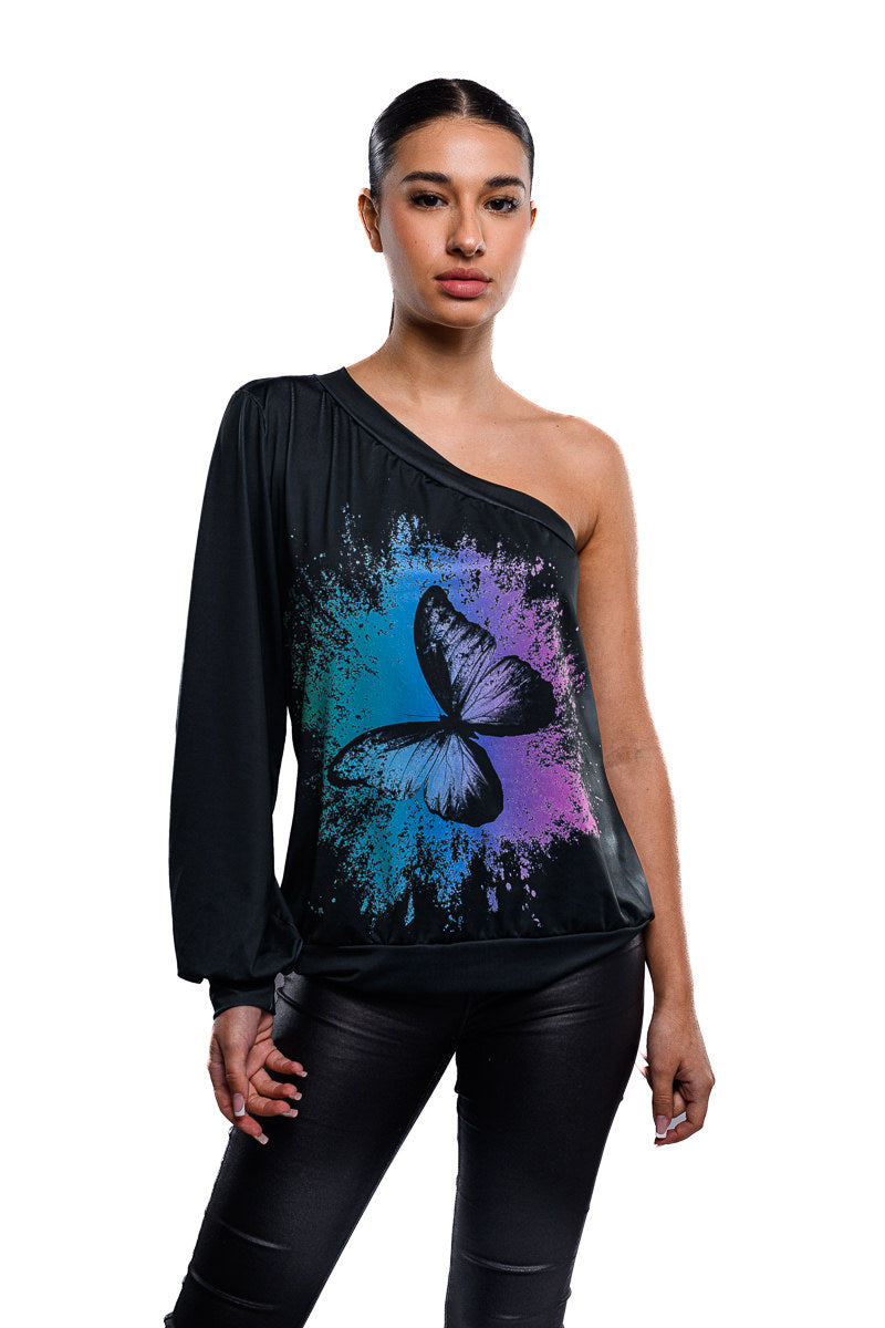 One Sleeve Blouse - Blue Butterfly