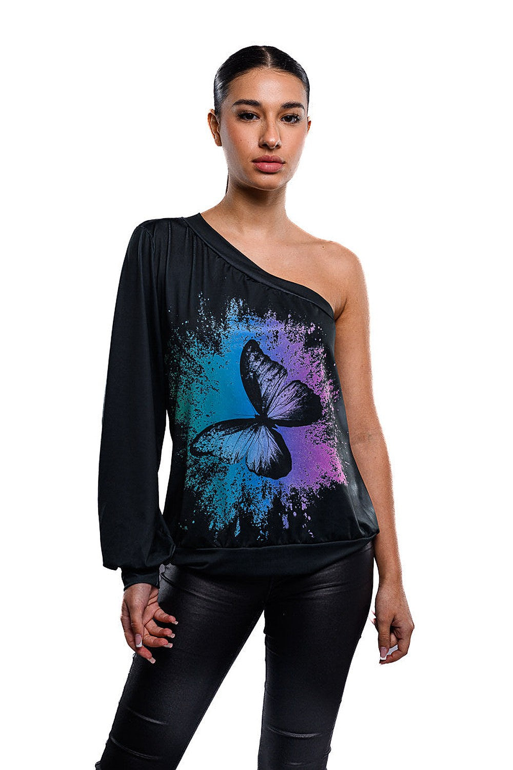 One Sleeve Blouse - Blue Butterfly - 2